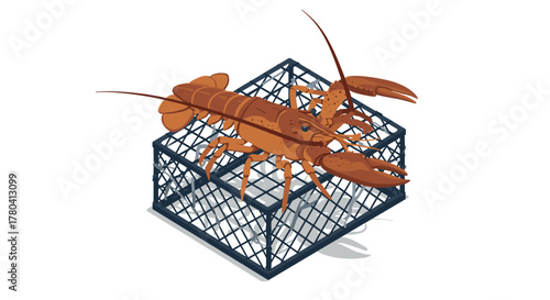 Isometric lobster on seafood trap cage illustration for maritime designs