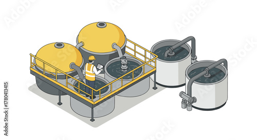Industrial worker monitoring water treatment tanks in isometric design