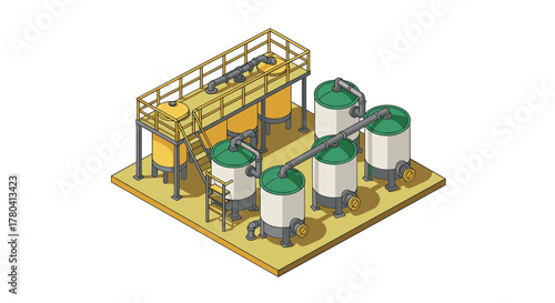 Industrial brewery equipment in isometric style brewing tanks and platforms