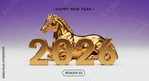 A golden horse and the year 2026 are displayed against a purple and white backdrop, creating a festive atmosphere perfect for New Year celebrations. 