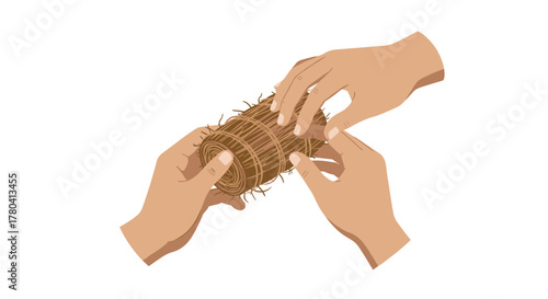Hands crafting traditional straw basket on white background