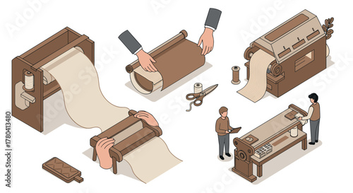 Isometric paper production process with machines and workers illustrated