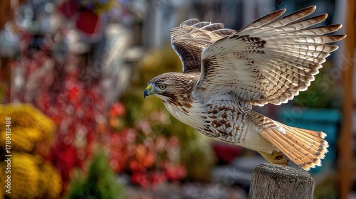 Majestic Red Tailed Hawk About to Take Flight from Wooden Post with Blurred Floral Backdrop in Colorful Garden