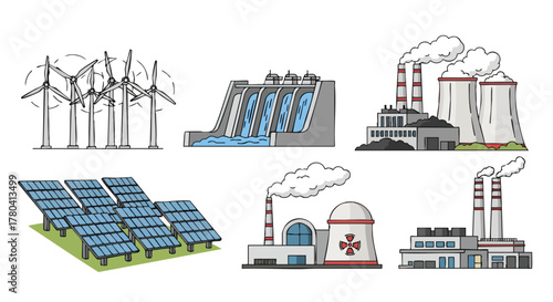 Renewable Energy Sources Wind, Hydro, Solar, Nuclear, and Power Plant Icons