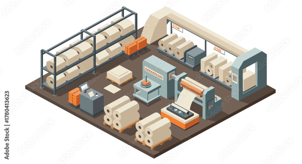 Obraz premium Isometric paper manufacturing factory interior with industrial equipment and supplies