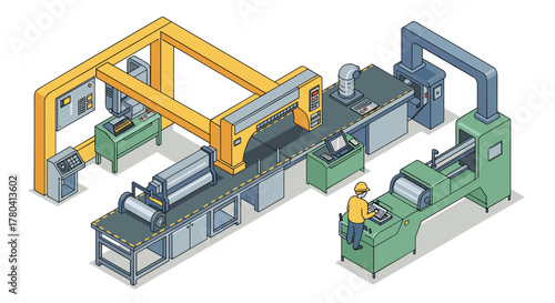 Modern industrial manufacturing equipment in detailed isometric design