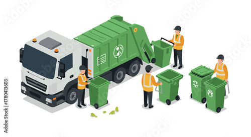 Isometric garbage collection scene with workers using recycling bins