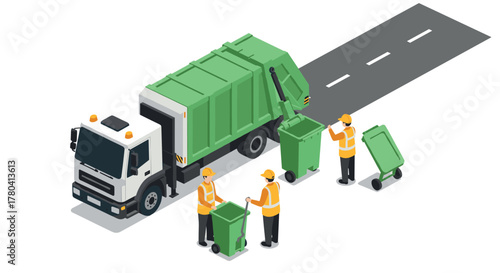 Isometric waste management garbage truck and workers cleaning streets