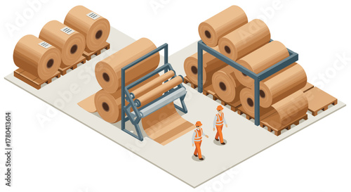 Isometric warehouse scene with workers and rolls of material