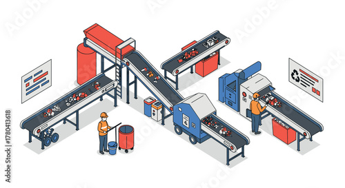Industrial conveyor belt system with workers in isometric style for efficient production