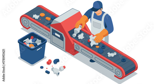 Waste sorting conveyor line with worker in isometric style