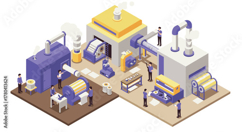 Isometric paper manufacturing plant with workers and machines