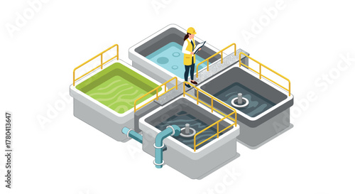 Modern isometric wastewater treatment plant with worker in safety gear