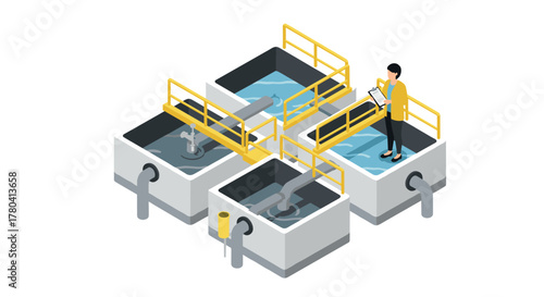 Isometric water treatment plant with engineer inspecting tanks