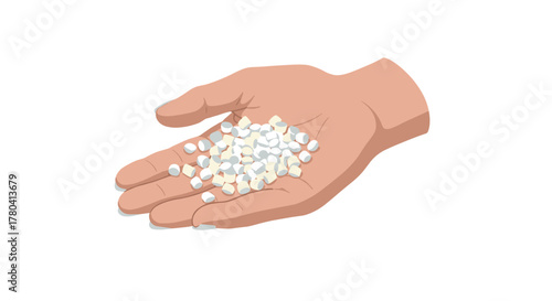 Hand holding white pills on open palm in minimalist design