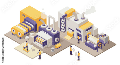 Isometric industrial manufacturing process with machinery and workers in modern factory setting