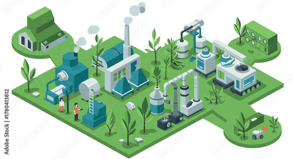 Fototapeta premium Ecofriendly factory in isometric style innovative green manufacturing concept