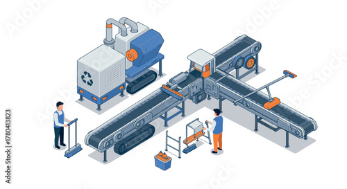 Modern isometric factory conveyor with workers and recycling equipment