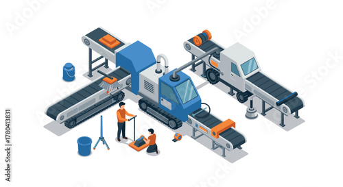 Isometric factory automation with conveyor belt and workers in modern industrial setting