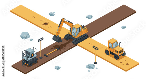 Isometric road construction scene with excavator and machinery