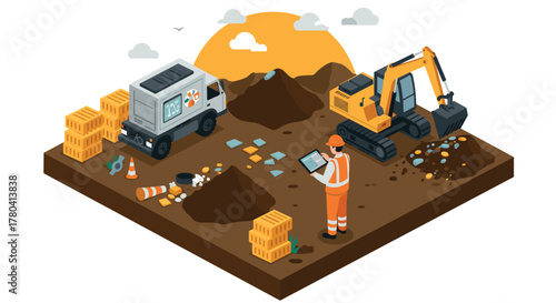 Isometric construction site scene with workers and vehicles at sunset