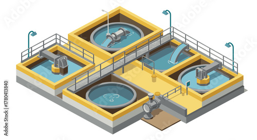 Isometric water treatment plant design with filtration tanks and equipment