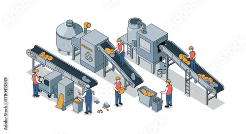 Isometric factory production line with workers and machinery in action