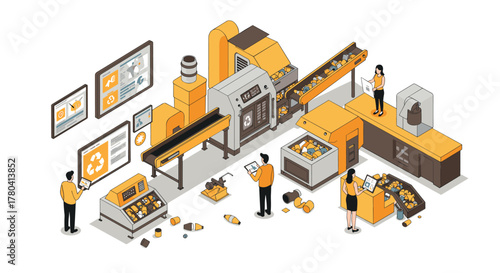 Isometric smart factory automation with recycling machines and engineers in action