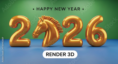 A captivating illustration showcasing golden numbers '2026' with a horse head, symbolizing a prosperous New Year. The blue surface and green backdrop enhance the festive mood.