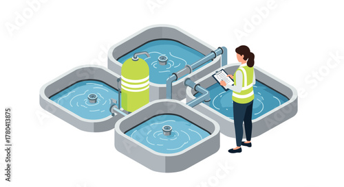 Isometric water treatment plant with worker inspecting tanks and pipelines