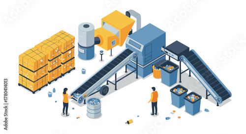 Isometric recycling factory with conveyor belts and workers in minimalist style