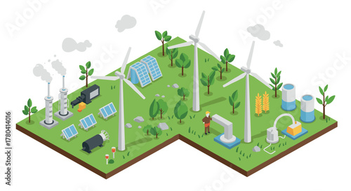 Isometric renewable energy scene with solar panels and wind turbines