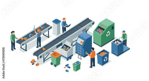 Isometric automated recycling process with conveyor belt and sorting stations