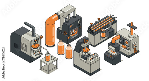 Isometric industrial machines with conveyor and bottling equipment in modern design