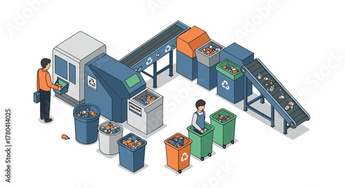 Isometric recycling center with workers sorting and conveying recyclables