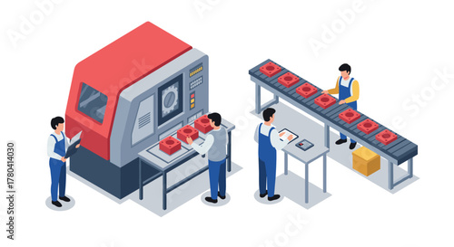 Isometric factory automation with workers operating machinery and conveyor belt