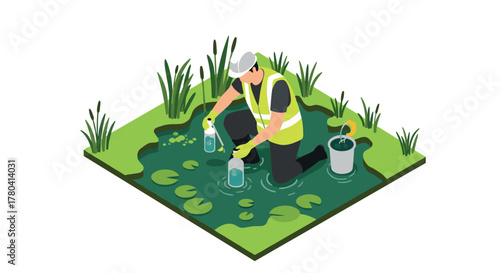 Environmental scientist collecting water samples in isometric nature scene