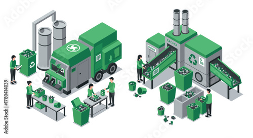Isometric recycling facility process with workers and machinery in green