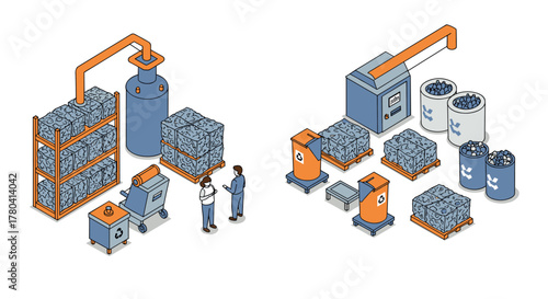 Isometric recycling factory process with machinery and workers