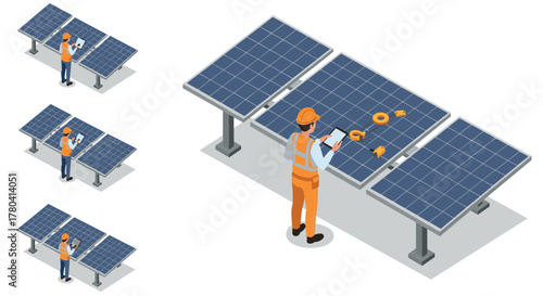 Isometric worker inspecting solar panels for renewable energy maintenance