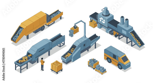 Advanced isometric recycling facility with modern waste processing equipment