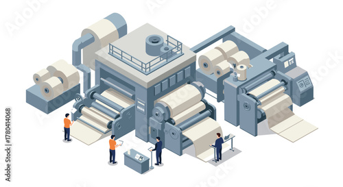 Modern isometric paper manufacturing factory with workers and machinery