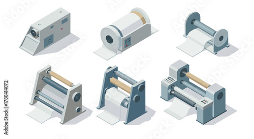 Industrial machinery set featuring isometric paper roll machines with modern design