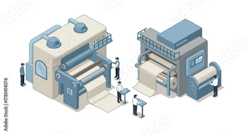 Isometric factory production line with workers operating industrial machinery