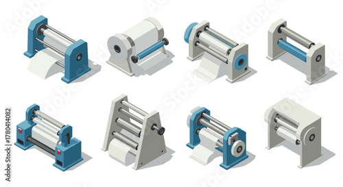 Diverse industrial paper roll machines in isometric style for factory and manufacturing
