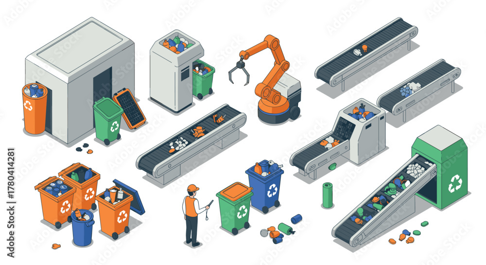 Obraz premium Automated recycling plant with conveyor belts and robotic arm in isometric view