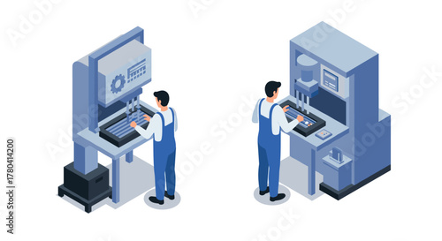 Isometric industrial workers operating machinery in a factory setting