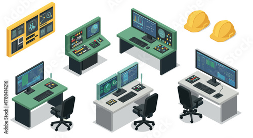Modern control room isometric set with workstations and safety helmets