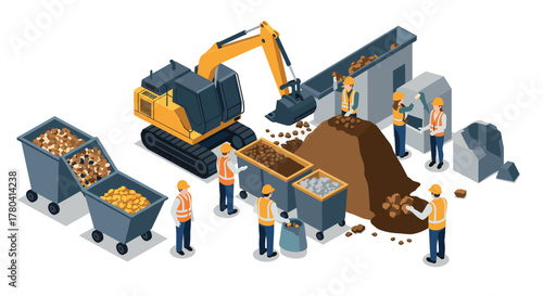 Isometric construction site with excavator and workers in safety gear