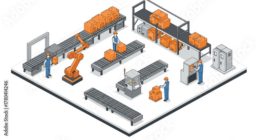 Isometric warehouse automation with robots and conveyor belts